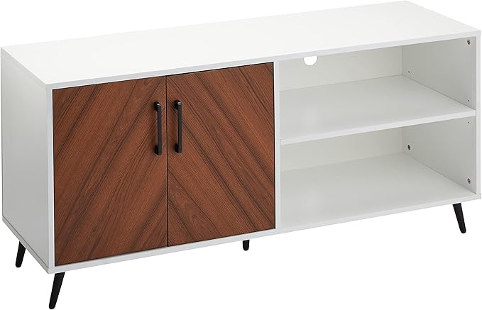 ROCKPOINT Modern 2 Door Asymmetrical Console Stand for TVs up to 58 Inches, 52inch, White - LeafyLoom