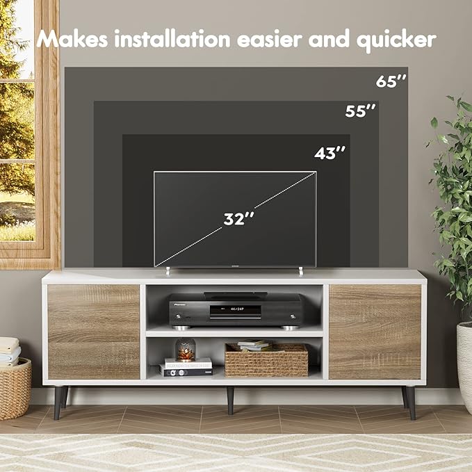 YESHOMY Modern TV Stand for 65" Television, Entertainment Center with Two Storage Cabinets, Retro Style Media Console for Living Room, Bedroom, Office, 58 Inch, White and Coffee - LeafyLoom
