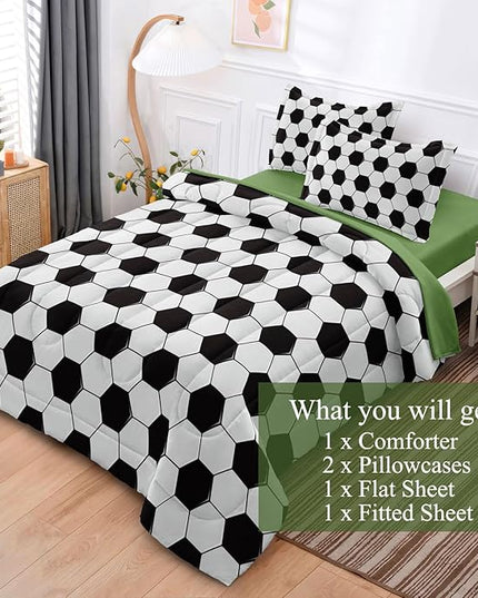 Soccer Comforter Set Full for Boys Girls, 5 Pieces Soccer Bedding Twin Bed in a Bag Set with Sheets, Black and White Bed Sets for Teenage - LeafyLoom