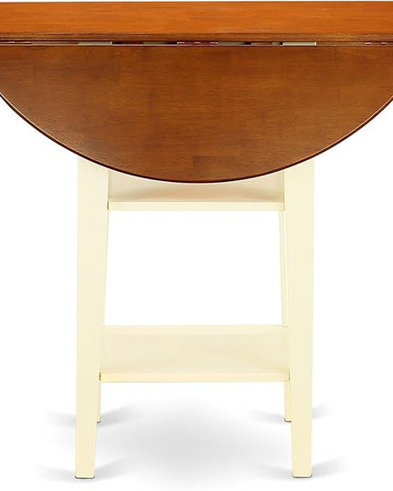 East West Furniture SUKE5H-BMK-W Sudbury 5 Piece Kitchen Counter Height Dining Set Includes a Round Table with Dropleaf & Shelves and 4 Wooden Chairs, 42x42 Inch - LeafyLoom