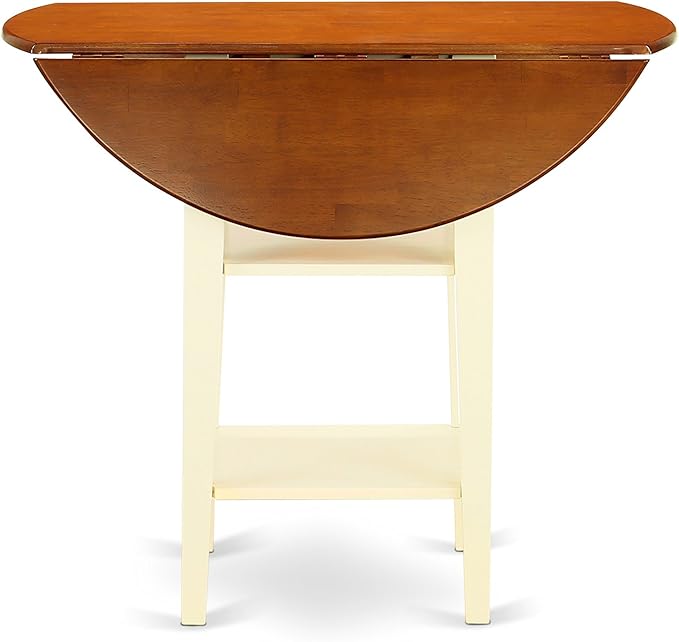 East West Furniture SUKE3H-BMK-W Sudbury 3 Piece Kitchen Counter Height Set Contains a Round Wooden Table with Dropleaf & Shelves and 2 Dining Chairs, 42x42 Inch - LeafyLoom