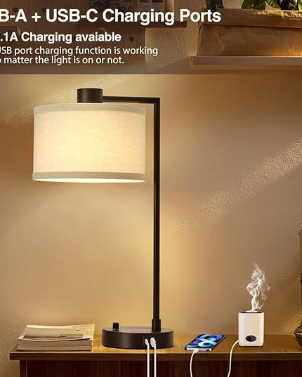 Luvkczc Table Lamp for Bedroom Set of 2 with USB C+A Ports - Fully Stepless Dimmable Bedside Lamp with Linen Lampshade - Contemporary Lamp for Living Room Reading Office, 2 Bulbs Included (Red Brown) - LeafyLoom