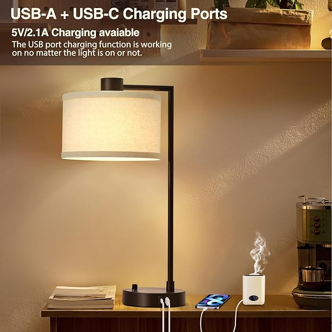 Luvkczc Table Lamp for Bedroom Set of 2 with USB C+A Ports - Fully Stepless Dimmable Bedside Lamp with Linen Lampshade - Contemporary Lamp for Living Room Reading Office, 2 Bulbs Included (Red Brown) - LeafyLoom