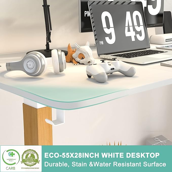 Monomi Electric Standing Desk, 55 x 28 inches Height Adjustable Desk, Ergonomic Home Office Sit Stand Up Desk with Memory Preset Controller (White Top/Wood Grain Frame) - LeafyLoom