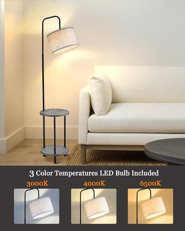ELYONA Solid Wood Floor Lamp - Rustic Side Table Lamp for Bedroom & Living Room - Mid Century Modern Floor Lamp with 3 Color Temperatures LED Bulb - Industrial Tall Pole Reading Standing Light - Grey - LeafyLoom