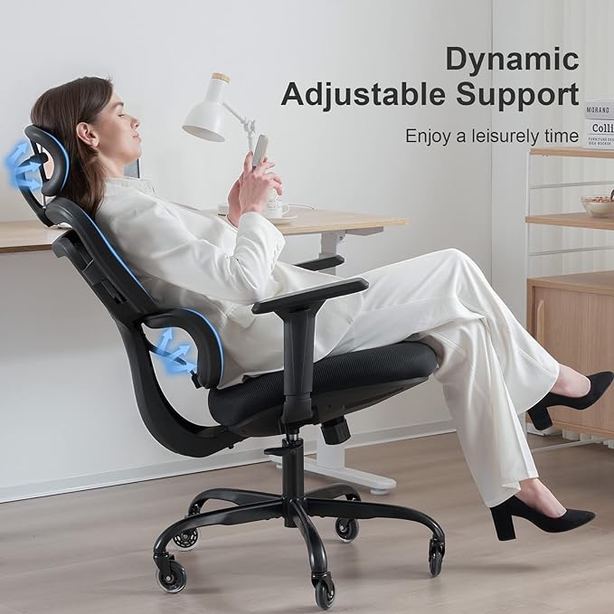 Ergonomic Office Chair - Mesh Office Chair High Back, Rolling Desk Chair, Executive Swivel Chair, Computer Chair with 3D Adjustable Armrest, 3D Lumbar Support, Blade Wheels, Adjustable Headrest - LeafyLoom