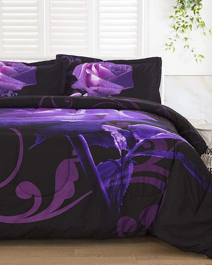 WONGS BEDDING Purple Comforter Set Queen Reversible Purple Rose Pattern Bedding Comforter with 2 Pillowcases for All Seasons, Soft Microfiber Filling Bedding Set 90"x90" - LeafyLoom