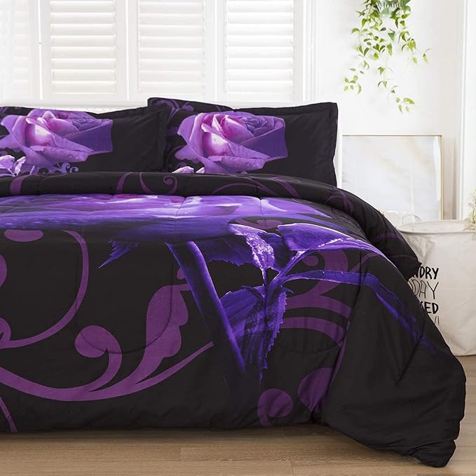 WONGS BEDDING Purple Comforter Set Queen Reversible Purple Rose Pattern Bedding Comforter with 2 Pillowcases for All Seasons, Soft Microfiber Filling Bedding Set 90"x90" - LeafyLoom