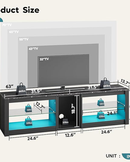 Bestier TV Stand for 70 inch TV, Gaming Entertainment Center for PS5, LED TV Cabinet with Glass Shelves for Living Room, 63'' Inch, Black Marble - LeafyLoom