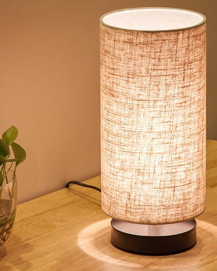 Table Lamp, Bedside Nightstand Lamp, Simple Desk Lamp, Fabric Wooden Table Lamp for Bedroom Living Room Office Study, Cylinder Black Base - LeafyLoom