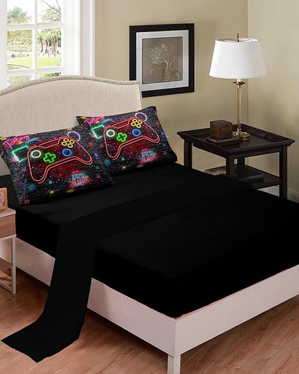 NINENINE Gaming Bedding Sets for Boys 5PCS Queen Size Gamer Comforter Gampad Contoller Video Kids Teens Black Bedding Comforter Sheet Set(1Comforter, 1Flat Sheet, 1Fitted Sheet, 2Pillowcases) - LeafyLoom