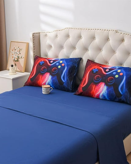 Meeting Story Gamer Gaming Bedding Sets Red-Blue Lightnings Gamepad Comforter Set for Boys Games Console Action Buttons Novelty Colorful Modern Room Decor Home Quilt Set (Red-Blue, Twin 5Pcs) - LeafyLoom