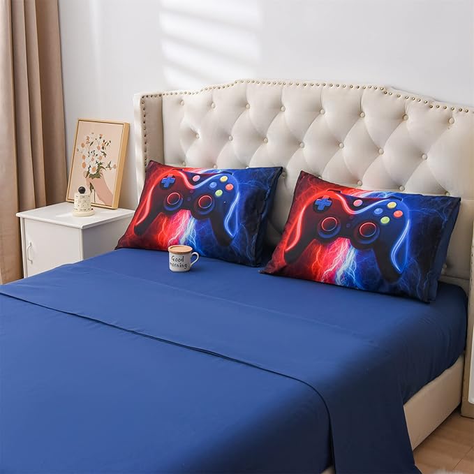 Meeting Story Gamer Gaming Bedding Sets Red Blue Lightnings Gamepad Comforter Set for Boys Games Console Action Buttons Novelty Colorful Modern Room Decor Home Quilt Set (Red-Blue, Full 5Pcs) - LeafyLoom