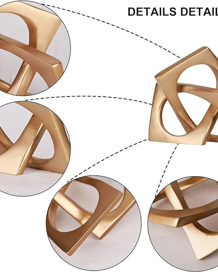 Modern geometric cube gold knot decorations, modern home gold decorative statues, gold home bookcase centerpieces for tabletop decor, console, entryway, dining table centerpieces with gold knots - LeafyLoom