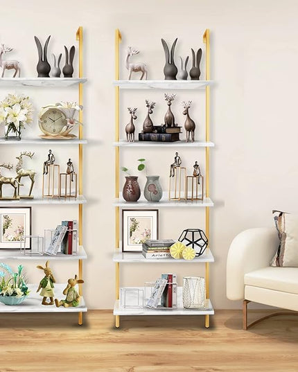 5 Tiers Ladder 2-Piece Shelf White Marble Modern Bookshelf Open Tall Wall Mount Bookcase Standing Leaning Wall Shelves Industrial Decorative - LeafyLoom