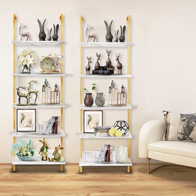 5 Tiers Ladder 2-Piece Shelf White Marble Modern Bookshelf Open Tall Wall Mount Bookcase Standing Leaning Wall Shelves Industrial Decorative - LeafyLoom