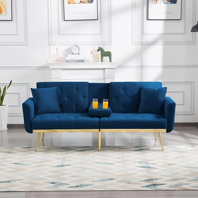72.4" Mid-Century Modern Tufted Loveseat Sofa Living Room Furniture Sets with Cup Holder/2 Pillows/Adjusting Backrest Small Comfy Couch for Bedroom Apartment,Home Office,Navy Blue Sofá - LeafyLoom