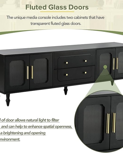 Merax Retro Design TV Stand with Fluted Glass Doors and 2 Drawers and Cabinets for Televisions Up to 78'', Practical Media Console, Elegant Entertainment Center for Living Room, Black - LeafyLoom