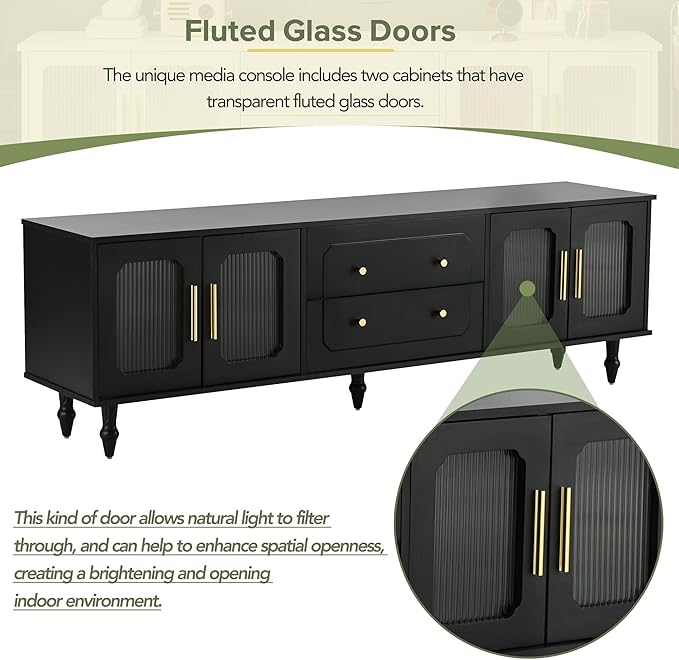 Merax Retro Design TV Stand with Fluted Glass Doors and 2 Drawers and Cabinets for Televisions Up to 78'', Practical Media Console, Elegant Entertainment Center for Living Room, Black - LeafyLoom