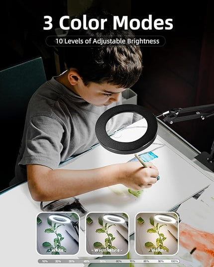 Magnifying Glass with Light and Stand, 3-in-1 Gooseneck Arms 3 Color Modes Stepless Dimmable, 10x&5X LED Desktop Magnifier with light Hands Free for Workbench Reading Crafts Painting Hobby Close Work - LeafyLoom