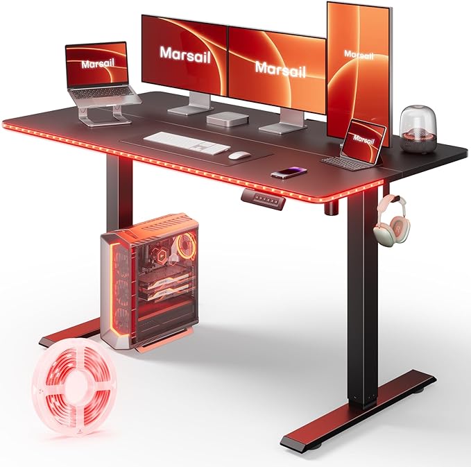 Marsail Electric Standing Desk, 55 * 24 Inch Height Adjustable Sit Stand up Desk with 3 Memory Preset, Headphone Hook Computer Desk Workstation for Home Office, Treadmill Pad - LeafyLoom