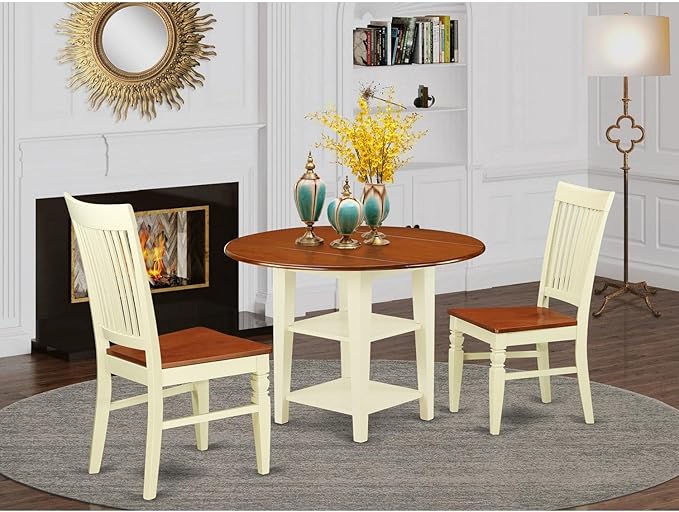 East West Furniture SUWE3-BMK-W 3 Piece Kitchen Set Contains a Round Table with Dropleaf & Shelves and 2 Dining Room Chairs, 42x42 Inch, Buttermilk & Cherry - LeafyLoom