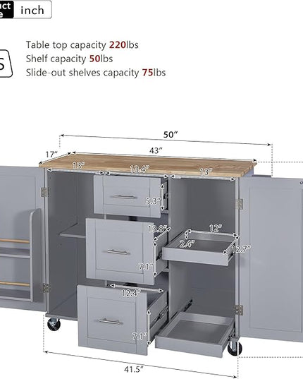 Kitchen Island with Storage, Spice Rack & Tower Rack, Mobile Rolling Kitchen-Cart on Wheels w/Rubber Wood Top, 3 Drawer, 2 Slide-Out Shelf and Internal Storage Rack - LeafyLoom