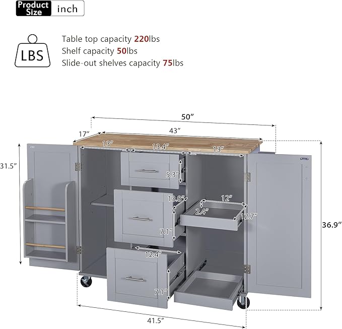 Kitchen Island with Storage, Spice Rack & Tower Rack, Mobile Rolling Kitchen-Cart on Wheels w/Rubber Wood Top, 3 Drawer, 2 Slide-Out Shelf and Internal Storage Rack - LeafyLoom
