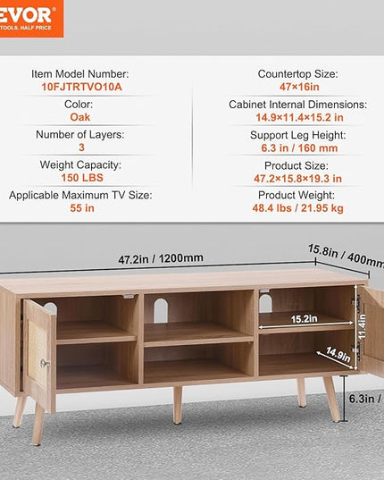 VEVOR Rattan TV Stand, Boho TV Cabinet for 55 inch TV, Mid Century Modern TV Stand, Rattan TV Console with Adjustable Shelfs for Living Room, Media Room, Oak - LeafyLoom