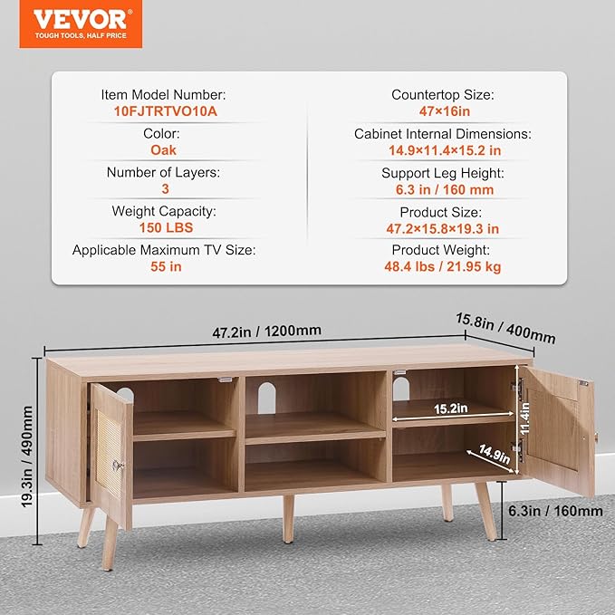 VEVOR Rattan TV Stand, Boho TV Cabinet for 55 inch TV, Mid Century Modern TV Stand, Rattan TV Console with Adjustable Shelfs for Living Room, Media Room, Oak - LeafyLoom