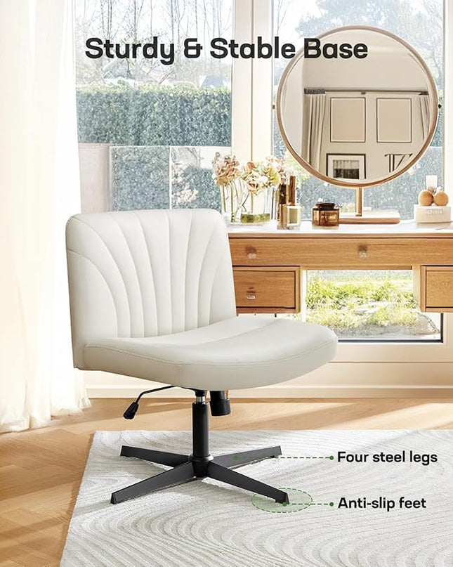 Marsail Cross Legged Office Chair: PU Leather Criss Cross Desk Chair Wide Armless Desk Chair Swivel Height Adjustable Vanity Chair for Make Up,Small Space,Bed Room(Light Beige) - LeafyLoom