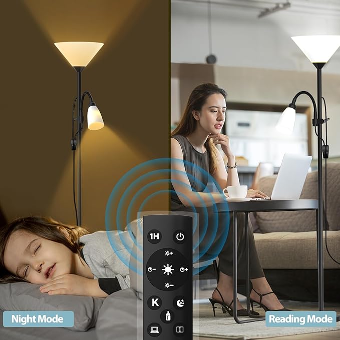 Floor Lamp, 3 Color Temperature&Dimmable Standing lamp, 12W LED Torchiere Floor Lamp with Adjustable Reading Lamp, 3 Way Switch, Modern Tall Lamps for Living Room, Bedroom, Office (65 inches) - LeafyLoom