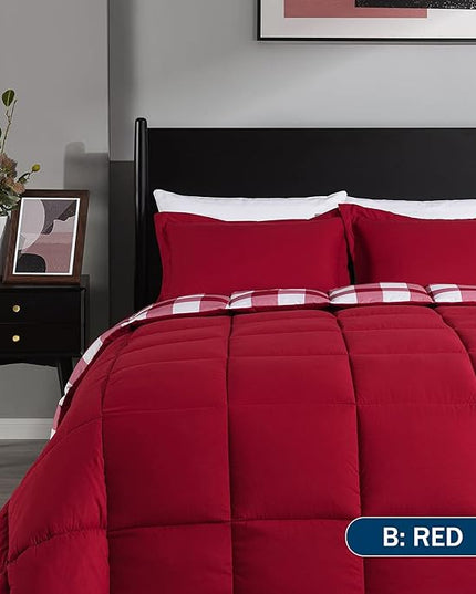 downluxe Lightweight Plaid Comforter Set (Queen) with 2 Pillow Shams - 3-Piece Set - Red/White Plaid - Down Alternative Reversible Comforter - LeafyLoom