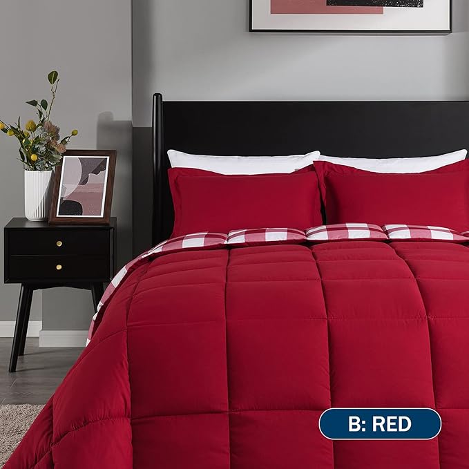 downluxe Lightweight Plaid Comforter Set (Queen) with 2 Pillow Shams - 3-Piece Set - Red/White Plaid - Down Alternative Reversible Comforter - LeafyLoom