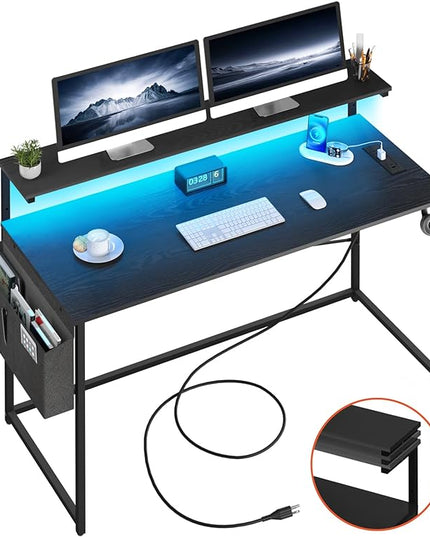 Yoobure Computer Desk with Power Outlets Fast Charging Type-C Included, Gaming Desk with LED Lights, 47" Office Desk with Adjustable Monitor Stand, Small Desk Home Office Desks with Storage Bag & Hook - LeafyLoom