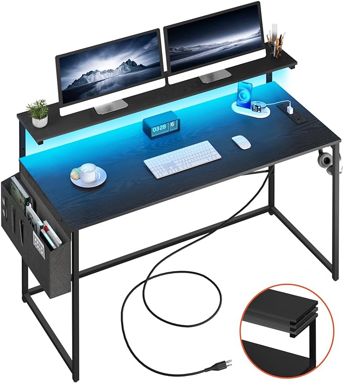 Yoobure Computer Desk with Power Outlets Fast Charging Type-C Included, Gaming Desk with LED Lights, 47" Office Desk with Adjustable Monitor Stand, Small Desk Home Office Desks with Storage Bag & Hook - LeafyLoom