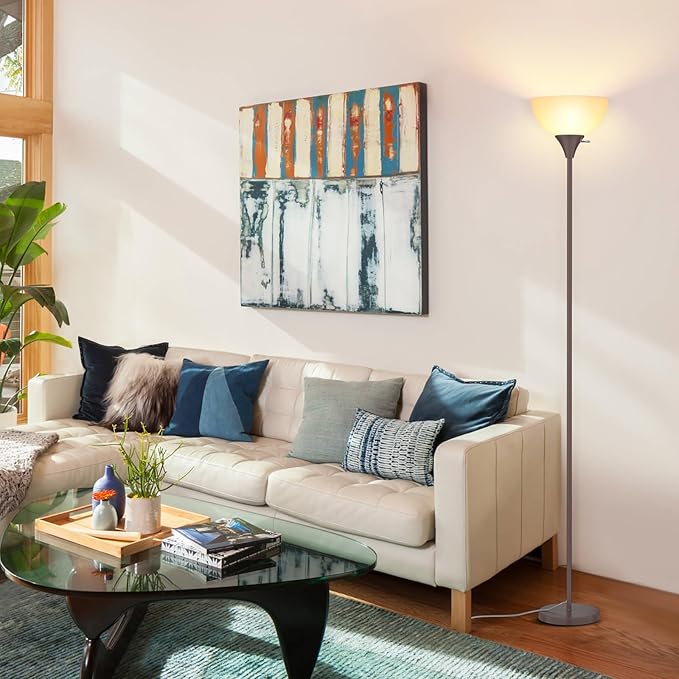 Floor Lamp, LED Standing Lamps with White Plastic Shade, Brown Modern Torchiere Floor Lamp, Tall Lamps for Living Room Dorm Bedroom, Rotary Switch, E26 Base, Bulb not Included, Brown - LeafyLoom