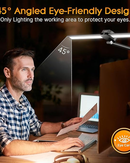 Syrinx Desk Lamp, Architect Desk Lamps for Home Office with Gesture Sensor Switch, 24W Bright Double Head Table Lamp with Clamp, Touch Control, Timer, 5 Dimming and 3 Tempering LED Desk Light - LeafyLoom
