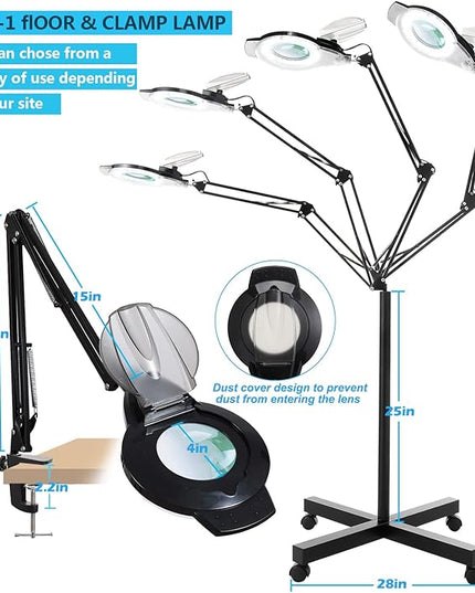 10X Magniyfing Floor Lamp with 4 Wheel Rolling Base for Estheticians 2,200 Lumens LED Magnifier Lighted Glass Lens, AdjustableStand & Swivel Arm Floor Lamp for Reading, Crafts, Tasks - LeafyLoom