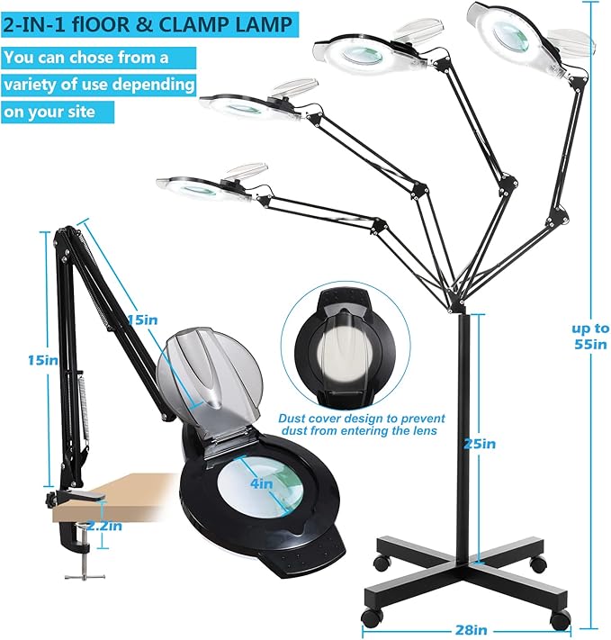 10X Magniyfing Floor Lamp with 4 Wheel Rolling Base for Estheticians 2,200 Lumens LED Magnifier Lighted Glass Lens, AdjustableStand & Swivel Arm Floor Lamp for Reading, Crafts, Tasks - LeafyLoom