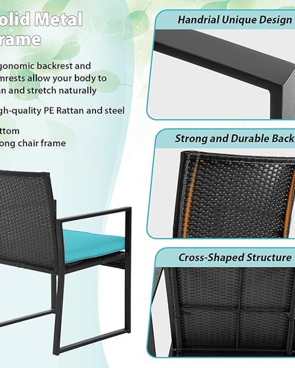 FDW 3 Piece Outdoor Bistro Set Patio Furniture Sets Wicker Patio Chairs Rattan Outdoor Furniture for Backyard Porch Poolside Lawn,Blue Cushion - LeafyLoom