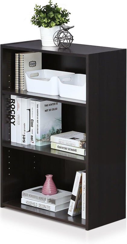 Furinno Basic 3-Tier Bookcase Storage Shelves, Dark Walnut - LeafyLoom