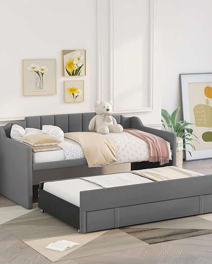 Twin Size Upholstered Daybed Sofa Bed with Trundle and 3 Storage Drawers, for Living Room and Bedroom, Grey - LeafyLoom