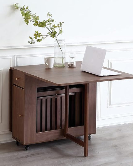 Extendable Drop Leaf Foldable Dining Table with 2 Drawers and 4 Wheels for Living Room Kitchen Farmhouse Space Saving Table in Walnut - LeafyLoom