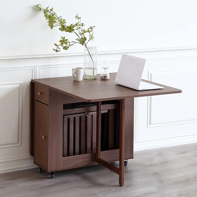 Extendable Drop Leaf Foldable Dining Table with 2 Drawers and 4 Wheels for Living Room Kitchen Farmhouse Space Saving Table in Walnut - LeafyLoom