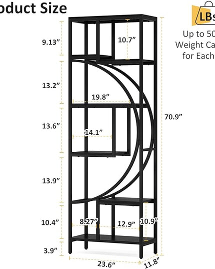 Bookshelf, 70.9” Wood Bookcases Open Shelves with Metal Frame, 7 Tier Tall Book Shelf, Freestanding Display Rack Storage Shelving Unit for Bedroom, Living Room, Easy Assembly (Black) - LeafyLoom