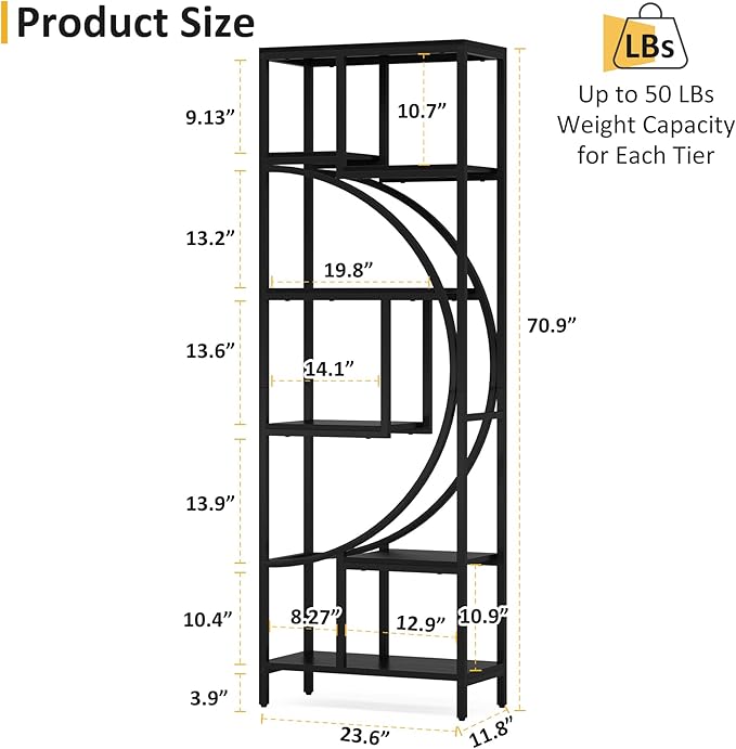 Bookshelf, 70.9” Wood Bookcases Open Shelves with Metal Frame, 7 Tier Tall Book Shelf, Freestanding Display Rack Storage Shelving Unit for Bedroom, Living Room, Easy Assembly (Black) - LeafyLoom