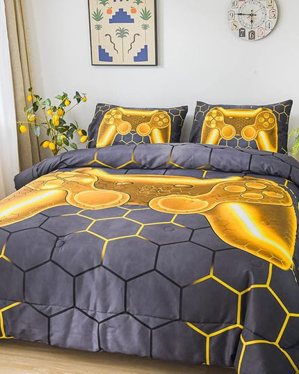 NTBED Gold Game Console Comforter Set Queen for Boys Girls Kids 3D Gaming Geometric Lightweight Microfiber Bedding Sets - LeafyLoom