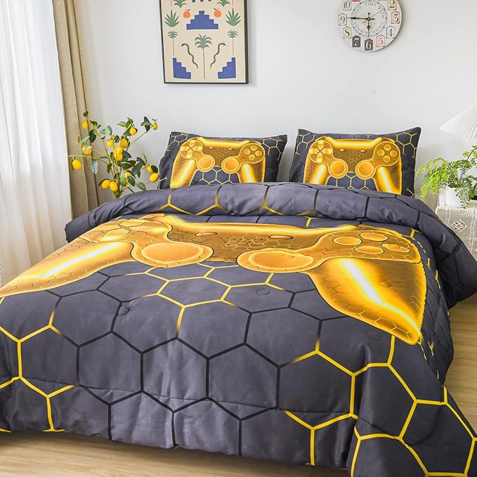 NTBED Gold Game Console Comforter Set Queen for Boys Girls Kids 3D Gaming Geometric Lightweight Microfiber Bedding Sets - LeafyLoom