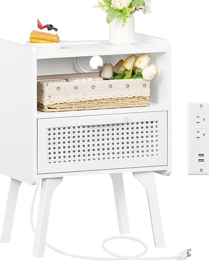 Lerliuo Rattan Nightstand with Charging Station, Side Table with Drawer Open Shelf, Cane Accent Bedside End Table with Solid Wood Legs, Night Stand for Bedroom, Dorm and Small Spaces (White) - LeafyLoom